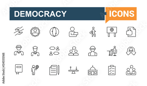 Diplomacy icon set. Contain linear sign politic, peace, politics, ambassador, diplomat, bilateral and more. Isolated icons. Alliance icon collection. Vector illustration in modern line style.