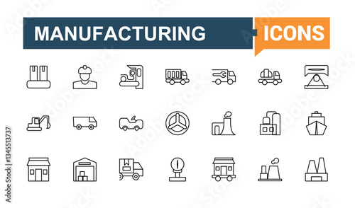Industry icon collection. Contains outline symbols like production, manufacture, manufacturing, industrial, engine, engineer and more. Thin line icons set. Industrial vector line icon set.