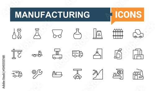 Industry icon collection. Contains outline symbols like production, manufacture, manufacturing, industrial, engine, engineer and more. Thin line icons set. Industrial vector line icon set.