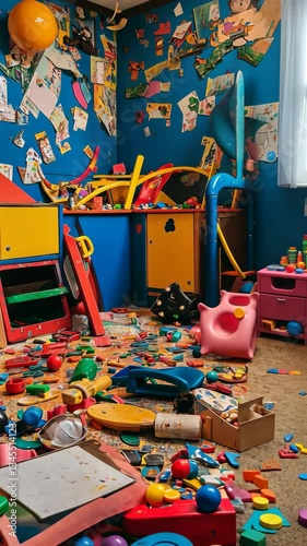 child's playroom in chaos with scattered toys and colorful walls, symbolic representation of childhood creativity and mess, dynamic artistic focus