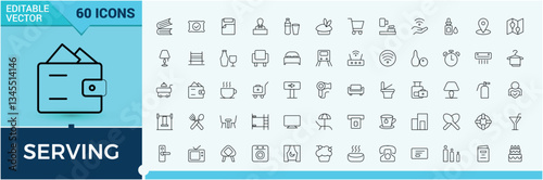 Hospitality icon set. Contains outline symbols like reception, host, motel, service, hotel and more. Collection for mobile and web apps. Hostel simple icon. Editable stroke collections.