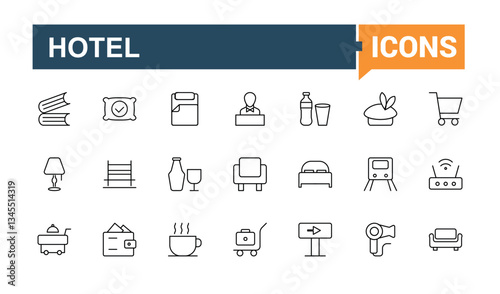 Hospitality icon set. Contains outline symbols like reception, host, motel, service, hotel and more. Collection for mobile and web apps. Hostel simple icon. Editable stroke collections.