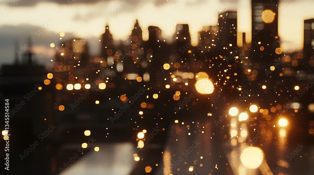 Obraz premium A blurred city skyline at sunset, with shimmering lights and raindrops in focus.