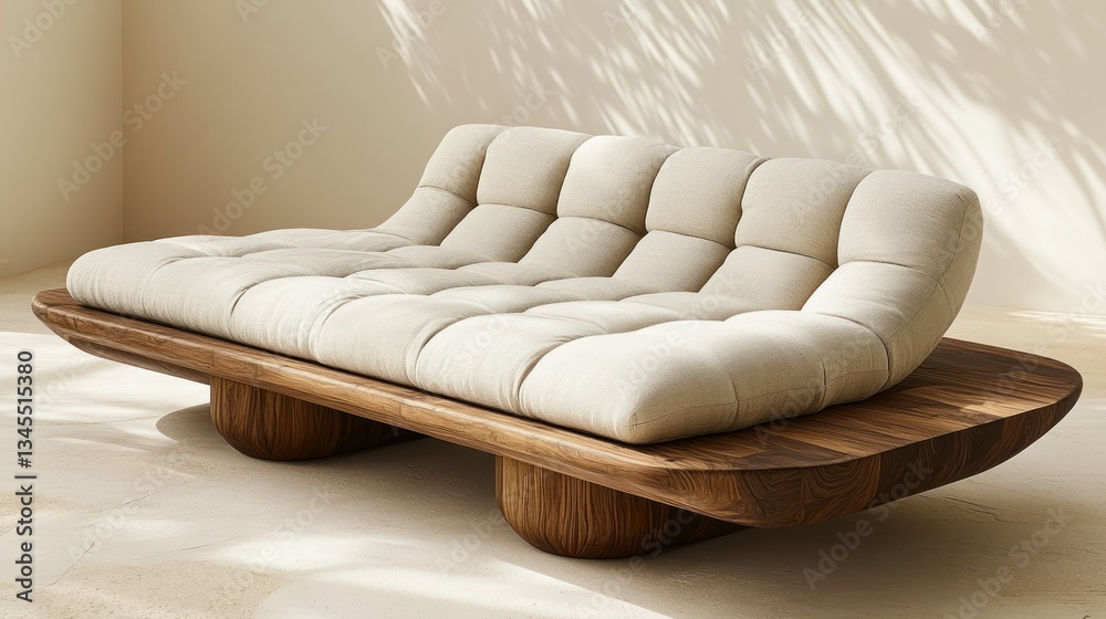 Modern, light beige sofa with a wooden base. Elevated, sculpted wooden platform supports a plush, quilted sofa. Minimalist design with a contemporary aesthetic Modern, light beige sofa with a wooden base. Elevated, sculpted wooden platform supports a plush, quilted sofa. Minimalist design with a contemporary aesthetic