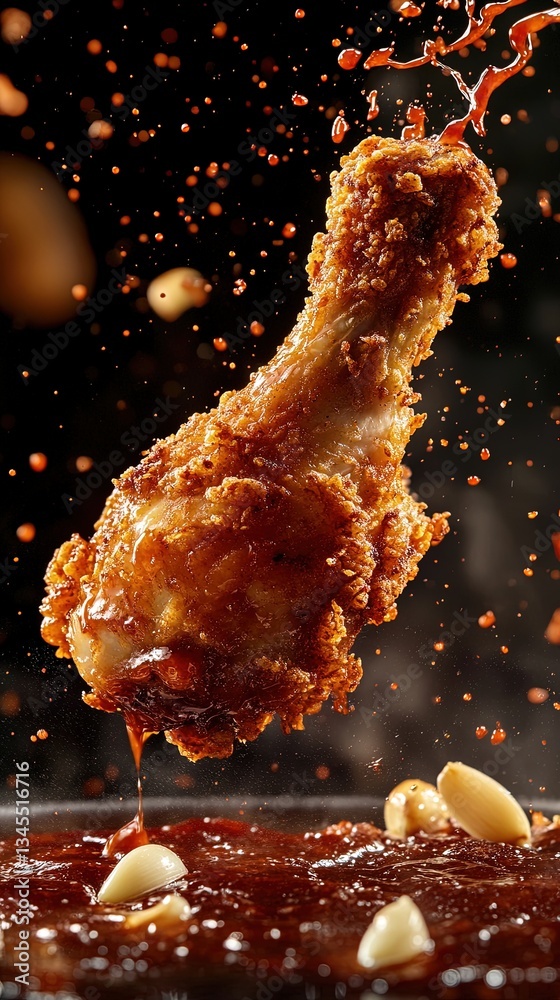 crispy fried chicken drumstick rotating in a splash crispy fried chicken drumstick rotating in a splash