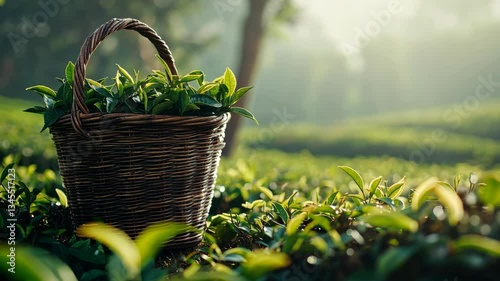 Close-up of a tea leaf basket overflowing with fresh leaves, placed in the middle of a sunlit plantation, creating a harmonious rural scene