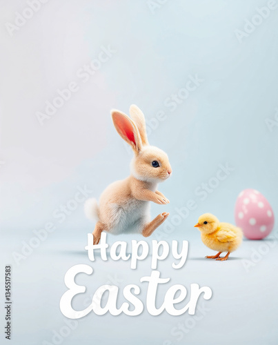 happy Easter greeting card bunny and chick 