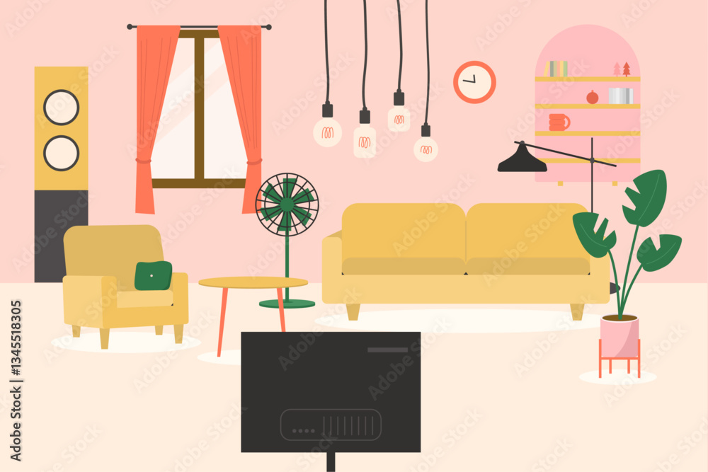 Fototapeta premium 거실 포근한 풍경의 노란색 쇼파와 핑크색 벽지