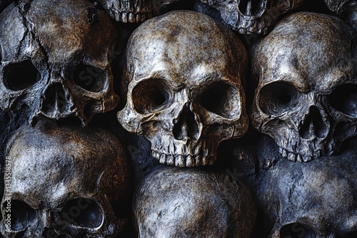 A macabre close-up of a pile of human skulls