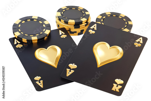 3D Illustration of Casino Poker Aces and Golden Chips on Transparent Background Symbolizing Gamble and Luck in Black and Gold for Online Casino Design