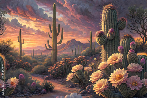 Desert Sunset Cactus Blossom Scene  Serene Landscape with Vibrant Sky and Blooming Cacti