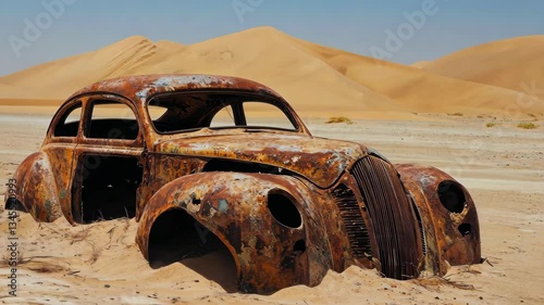 rusty car shell half-buried in sand, surrounded by desert dunes, perfect for illustrating isolation and endurance