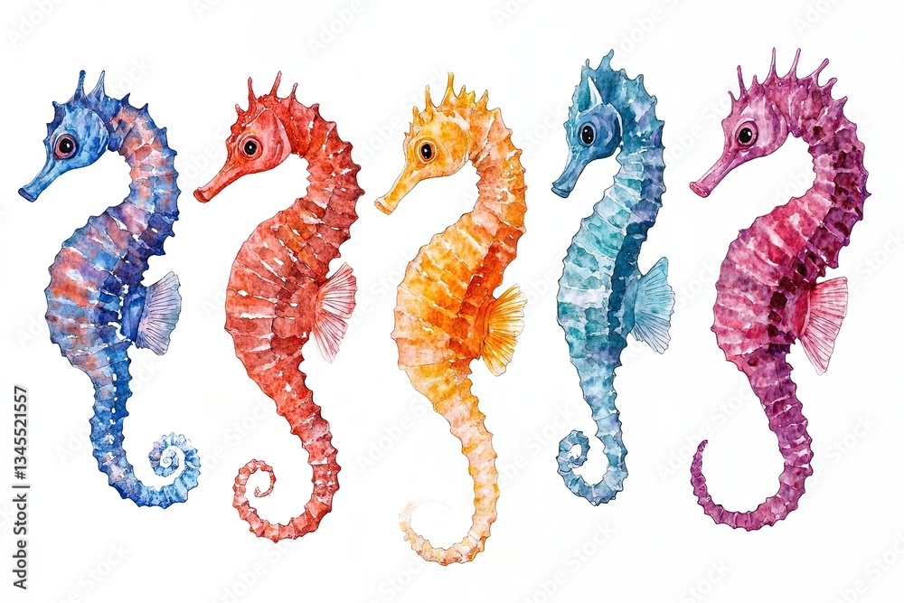 Obraz premium Set of watercolor swimming seahorses hand drawn on a white background