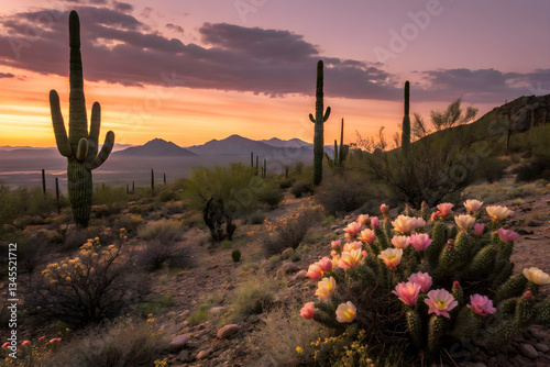 Desert Sunset Cactus Blossom Scene  Serene Landscape with Vibrant Sky and Blooming Cacti