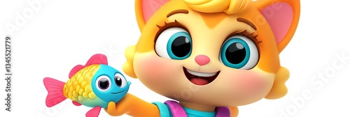 Wallpaper Mural Cartoon Cat Girl holding a Fish toy in White Background for kids illustration Torontodigital.ca