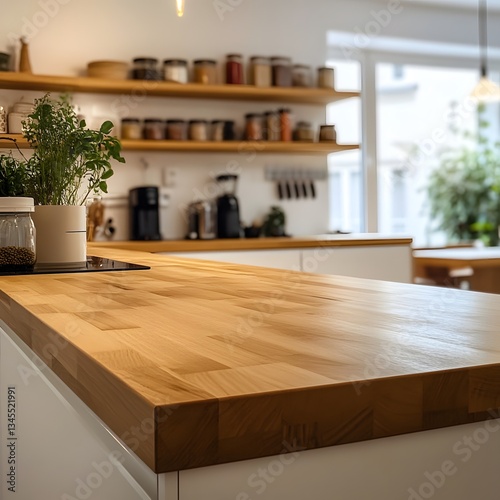 A modern kitchen with a wooden countertop, herbs, and organized shelves, creating a warm and inviting atmosphere.