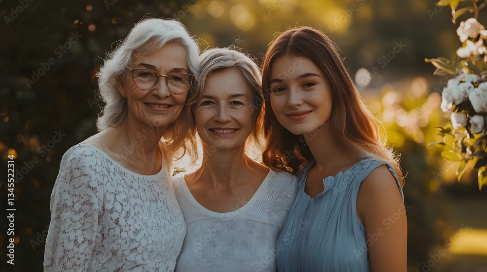 Obraz premium Three generations of women smile warmly in a sunlit garden, showcasing joy, connection, and family bonds.