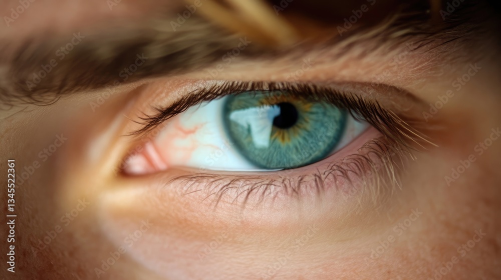Close-up view of a person's eye, showing detail of the iris and surrounding structures Close-up view of a person's eye, showing detail of the iris and surrounding structures