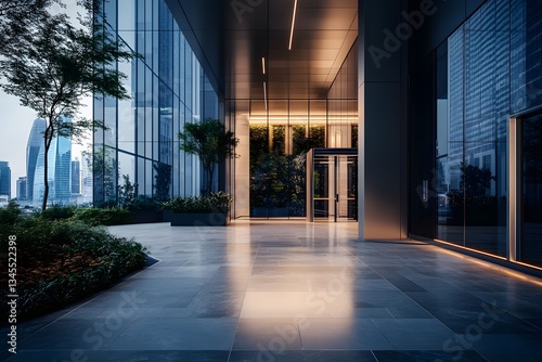 A modern building entrance featuring glass walls, sleek floors, and greenery, illuminated by soft lighting, creating a welcoming urban atmosphere.