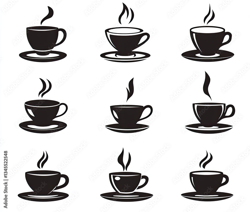 Nine monochrome coffee cup icons on saucers with steam. Nine monochrome coffee cup icons on saucers with steam.