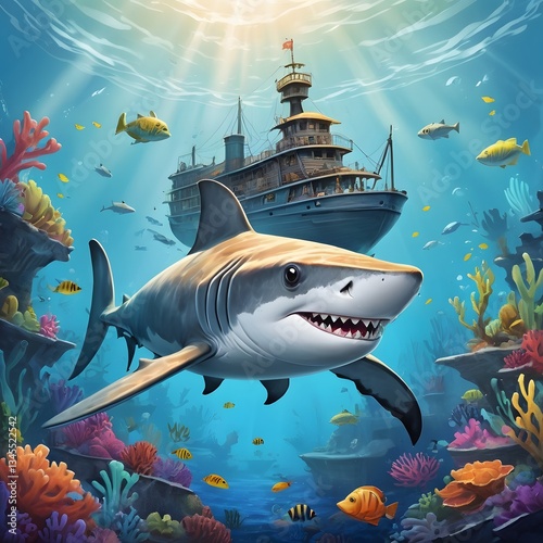 A magnificent great white shark swims gracefully among vibrant and colorful coral reefs.
