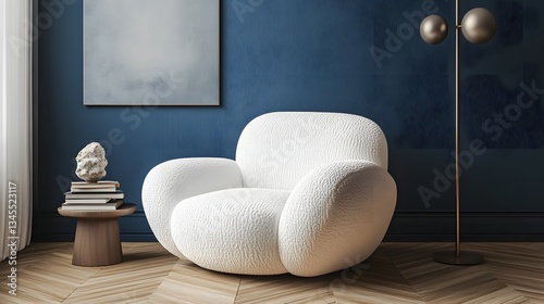 A cozy, modern living space featuring a plush white armchair, wooden floor, decorative table, and a calming blue wall.