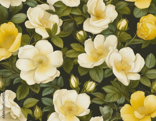 Vintage floral illustration. Seamless pattern. Wild Roses. Yellow and white. Generated image
