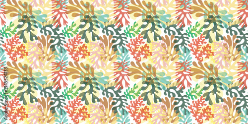 A lively pattern composed of diverse leaves and flowers in bright colors, offering a cheerful and dynamic visual appeal.