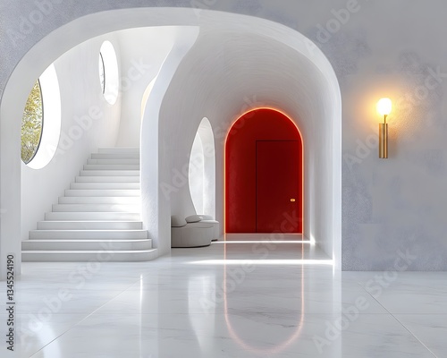 A modern interior featuring curved architecture, white walls, a red door, and a sleek staircase, creating a harmonious and inviting atmosphere.