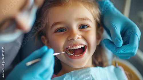 A happy child at the dentist receiving a tooth polish