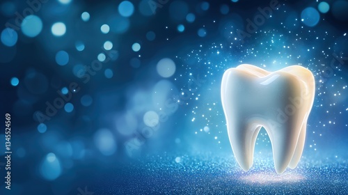 A glowing tooth with sparkles on a dental ad background
