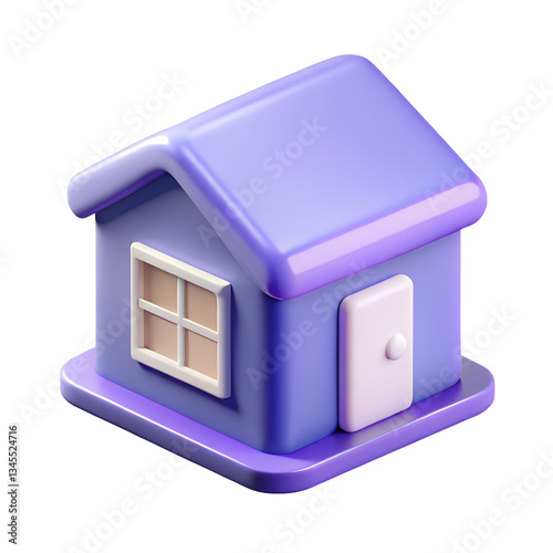 Cute purple house with a door and a window rendered in 3D. Minimal 3d cartoon icon render, isolated on a transparent background, PNG.