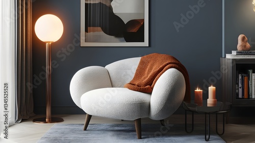 A cozy living space featuring a stylish armchair, contemporary lamp, and warm decor, creating an inviting atmosphere.