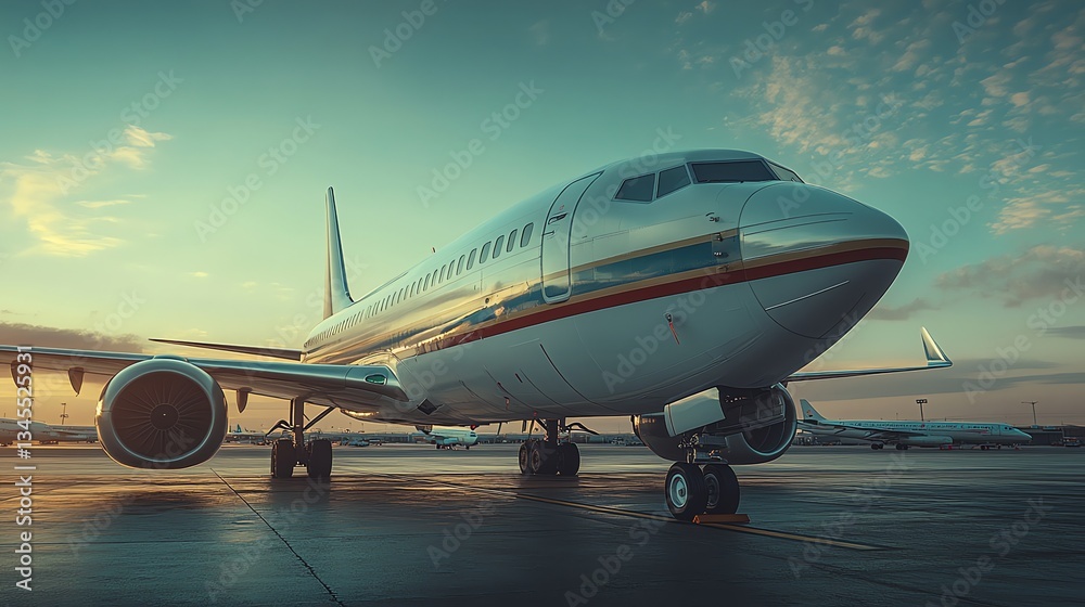 Fototapeta premium Airplane on the Tarmac Ready for Flight at Sunrise