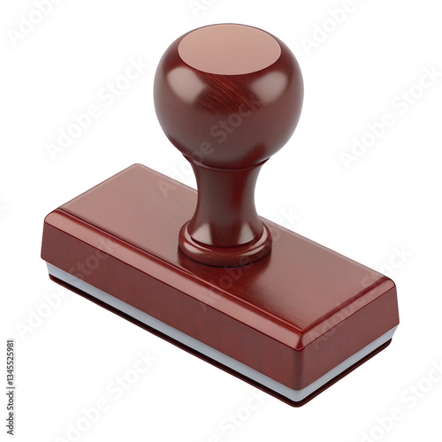 Elevated view of a red wooden rubber stamp. Office tool. Approval. Minimal 3d cartoon icon render, isolated on a transparent background, PNG.