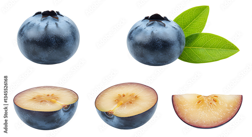 Obraz premium A sequence of fresh Blueberry displayed in four variations a whole Blueberry, an Blueberry cut in half revealing