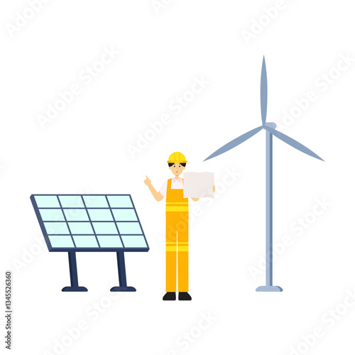 Green Energy Worker with Solar Panel and Wind Turbine