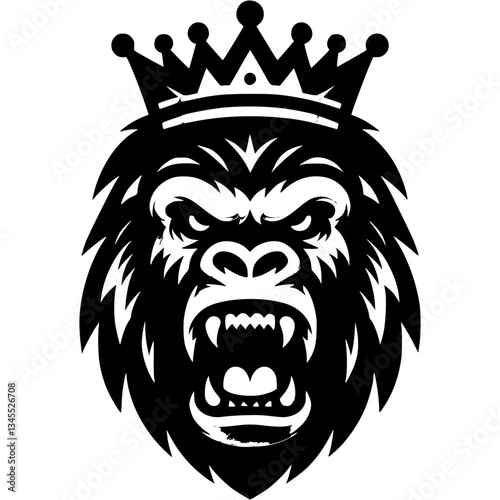 Tattoo of angry growling monkey with crown on his head in monochrome. BBB. Engraving minimalistic vector in black ink drawing on transparent background