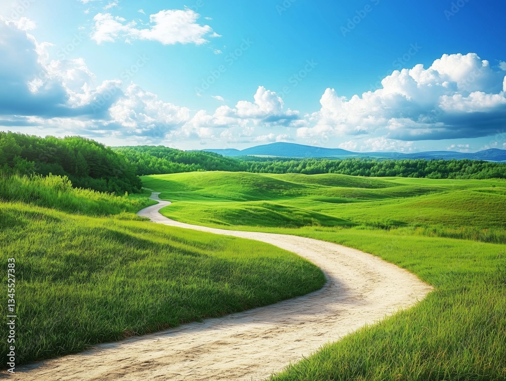 Obraz premium A winding dirt path through green rolling hills.