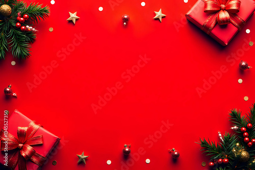 Christmas frame. Gift boxes with Xmas tree branches, golden stars and baubles on red background. Flat lay, top view, copy space. Christmas banner mockup, festive website header template.