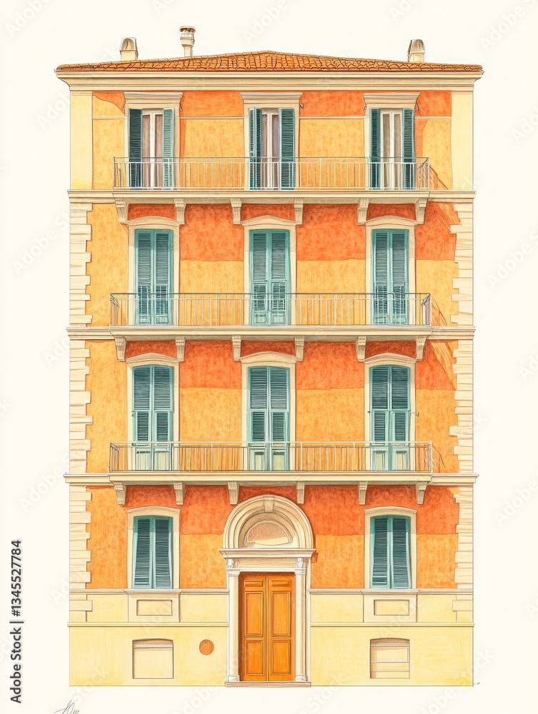 Naklejka premium Charming Italianate Building with Balconies and Vibrant Orange Facade