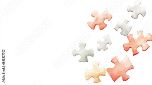 Vibrant watercolor puzzle pieces scattered on a white background, symbolizing creativity and teamwork. Perfect for educational or playful themes.