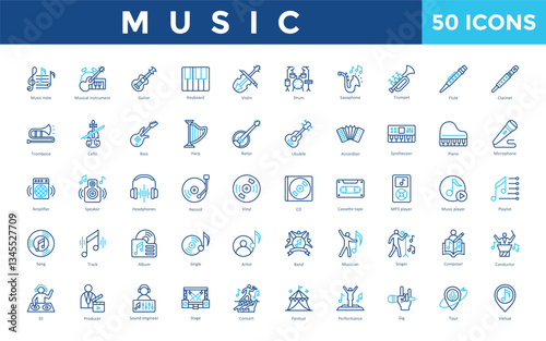 Music icon set with music note, musical instrument, guitar, keyboard, violin, drum, saxophone, trumpet, flute, clarinet icon. Simple outline color  vector 
