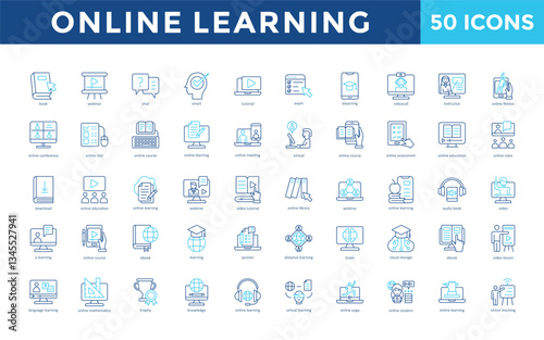 Online learning icons set with book, webinar, chat, smart, tutorial, exam, e learning, video call, instructor, online fitness icon. Simple outline color vector 
