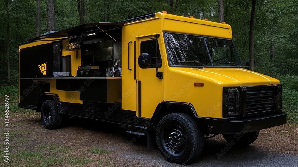 Mobile food truck, yellow and black, outdoor kitchen