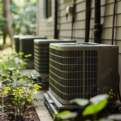 Three air conditioning units lined up against light-colored siding surrounded by lush greenery showcasing modern home climate control solutions and upgrades