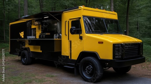 Obraz na płótnie Mobile food truck, yellow and black, outdoor kitchen w salonie