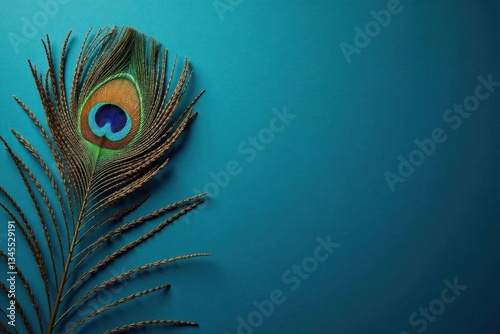 A single iridescent peacock feather rests elegantly against a vibrant teal backdrop, offering a captivating display of nature's artistry and providing ample space for textual or graphical additions.