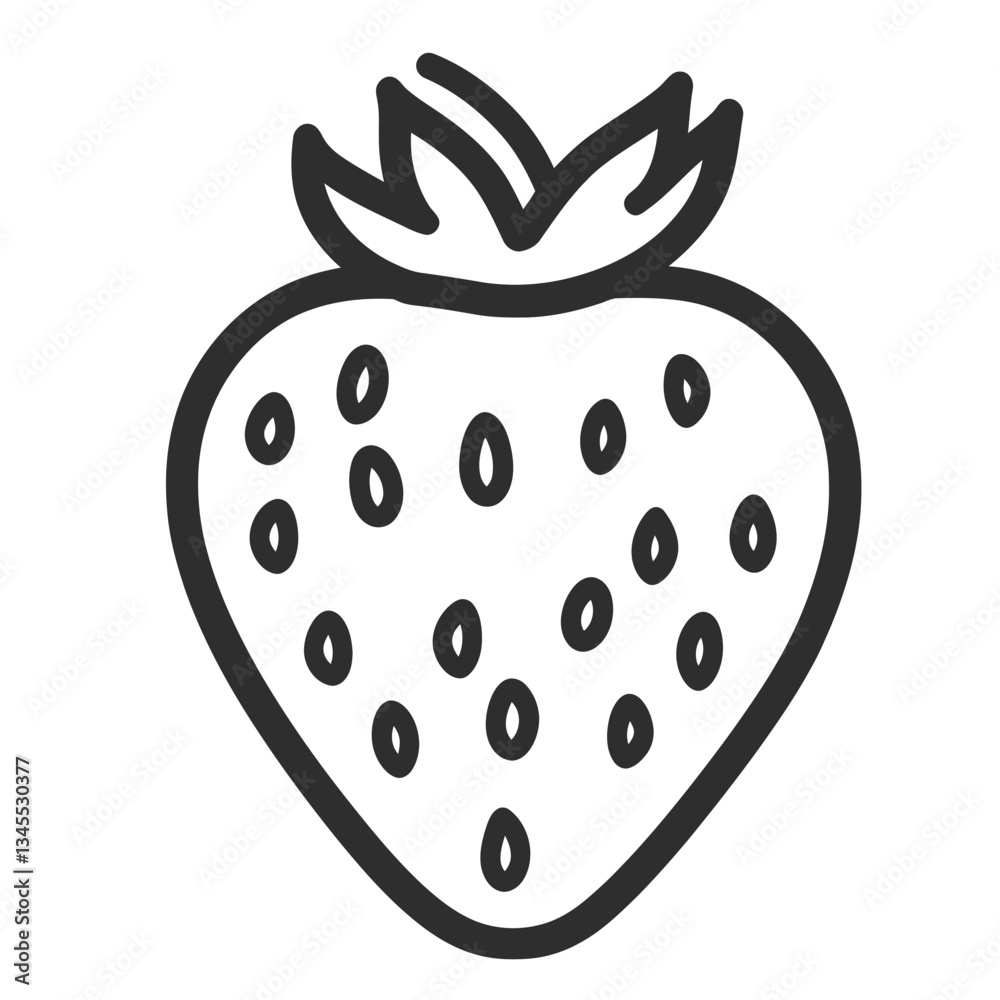A simple line drawing of a strawberry with seeds and leaves. A simple line drawing of a strawberry with seeds and leaves.