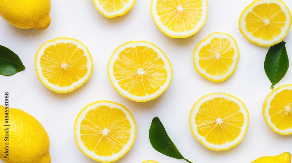 Fresh lemons and vibrant lemon slices on a white background. Fresh lemons and vibrant lemon slices on a white background.